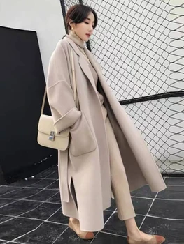 Новое твидовое пальто со свободными завязками поверх зимнего пальто в стиле миди для женщин, куртки, тренчи, корейская модная женская одежда