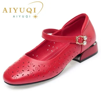 Новые Женские туфли Mary Jane, Красные Ажурные Весенне-летние женские Модельные туфли Большого Размера, Модная женская обувь из натуральной кожи