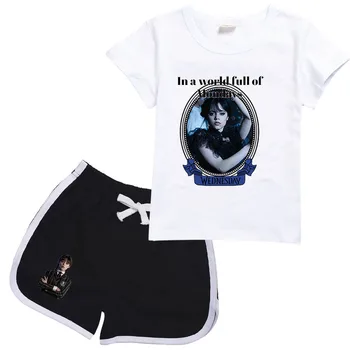 Новые комплекты одежды Wednesday Addams, детская летняя одежда, спортивные костюмы с короткими рукавами для маленьких девочек, футболки Nevermore Academy для мальчиков
