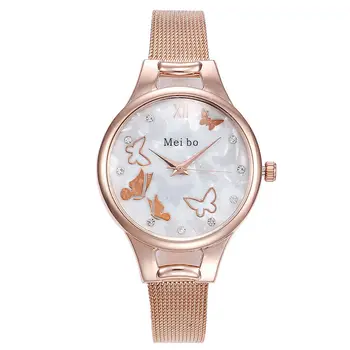 Новые модные женские часы с тонким сетчатым ремешком, быстрая продажа, популярные женские часы с бриллиантовым мраморным циферблатом и бабочкой