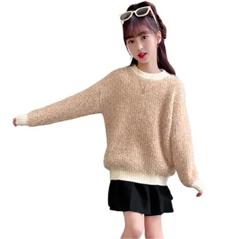 Новый Свитер для маленьких девочек, Модные Яркие шелковые повседневные топы в корейском стиле с круглым вырезом для малышей, осенние мягкие свитера для детей от 4 до 13 лет
