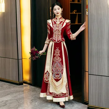 Одежда Yourqipao Xiuhe, Китайское свадебное платье, Традиционный Чонсам, большие размеры, современная красная одежда, Юбка, Женские восточные платья