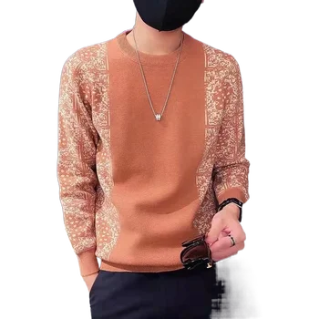 Одежда для мужчин, осенне-зимний свитер с круглым вырезом и длинным рукавом, Корейский Модный приталенный теплый трикотаж, молодежные повседневные топы