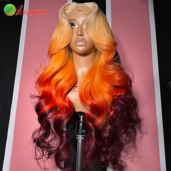 Омбре 613 Оранжево-Бордового Цвета HD Кружевная Объемная Волна 5x5 Синтетическое Закрытие Шнурка Парики Remy Человеческие Волосы Парик Для Женщин 13x6 Синтетические Волосы На Кружеве Парики