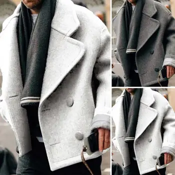 Оптовая продажа и прямая поставка ！ Мужское зимнее пальто с лацканами и длинным рукавом, Двубортные карманы, однотонная теплая шерстяная верхняя одежда, уличная одежда