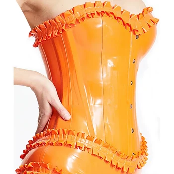 Оранжевые Сексуальные Латексные Корсеты С оборками сверху и снизу, Резиновые Бюстье со шнуровкой Сзади, Верхняя Одежда
