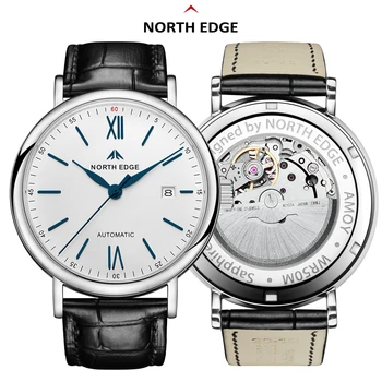 Оригинальные механические часы NORTH EDGE с сапфировым покрытием, прозрачная задняя крышка, мужские классические деловые часы