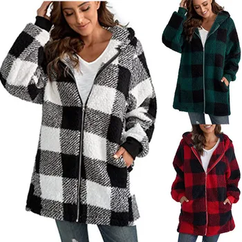 Осенне-зимнее Женское модное шерстяное пальто в клетку средней длины, с капюшоном, на молнии, с карманами, Свободное пальто, Клетчатая куртка, женское пальто 5XL