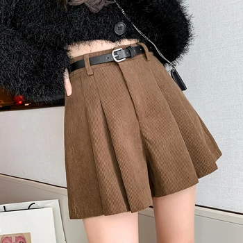 Осенне-зимние вельветовые плиссированные женские шорты с поясом 2023, Новые классические короткие брюки А-силуэта с высокой талией, женские
