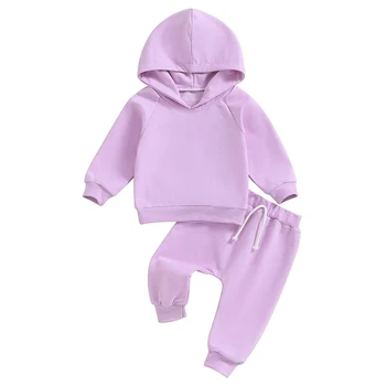 Осенняя одежда для малышей из 2 предметов, однотонная толстовка с длинными рукавами и брюки, комплект теплой одежды для малышей