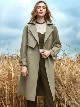 Осень 2023, новая ветровка с двухслойным воротником средней длины, женское повседневное пальто большого размера с поясом