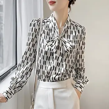 Офисная Женская повседневная рубашка с геометрическим принтом на шнуровке и бантом, Корейские универсальные женские блузки с длинным рукавом и шарфовым воротником, женская одежда