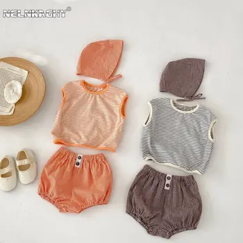 Очаровательный Летний комплект из 3 предметов для маленьких детей: полосатый топ-жилет + Милые шорты с хлебом + подходящая шляпа от солнца, одежда для маленьких детей от 0 до 3 лет
