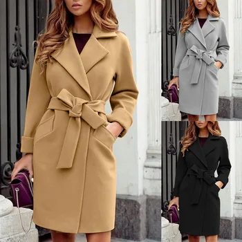 Пальто для женщин Осень/зима 2023, Модное Шерстяное пальто с тонким поясом и лацканами, Женская однотонная теплая куртка, Шерстяное пальто