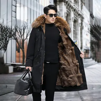 Пальто из натурального меха, мужская подкладка из лисьего меха средней длины, Свободная, легкая в уходе Съемная подкладка, однотонная зимняя деловая Повседневная мода