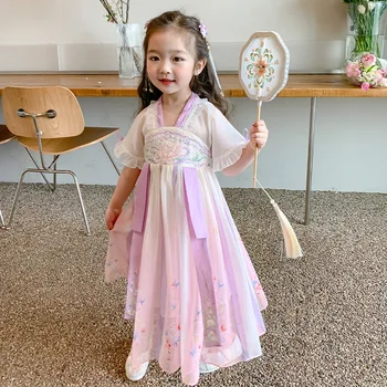 Панда для маленьких девочек Hanfu Лето 2023, Новое платье принцессы в старинном стиле, Летняя детская юбка, Китайский интернет-магазин