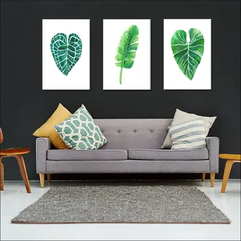 Плакаты с листьями Добавляют рамку и принты, Простые штрихи, Зеленые листья, напечатанные на холсте в рамке, Декоративный диван в гостиной