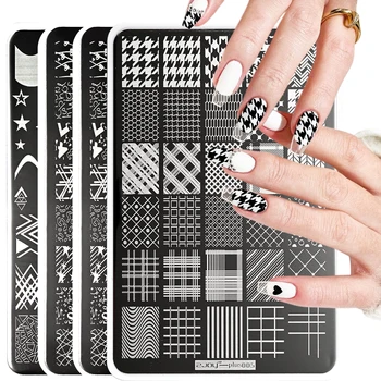 Пластины для тиснения ногтей 9,5X14,5 см, Черно-белый Дизайн в клетку, шаблон для дизайна ногтей 