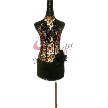 Платье для латиноамериканских танцев Высокого класса с леопардовой кисточкой и цветком ручной работы с бриллиантами, профессиональная одежда для сцены Танго