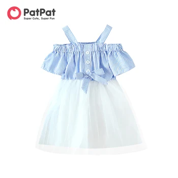 Платье-комбинация PatPat для маленьких девочек с элегантной полосатой вставкой и бантом спереди
