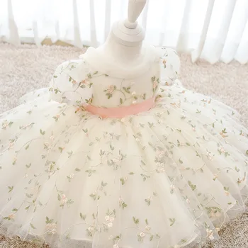 Платье на день рождения 2023 года с цветочным рисунком на 1 год для маленьких девочек, Кружевные платья принцессы, платье для Крещения малышей, Платье с пышными рукавами для младенцев