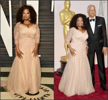 Платья знаменитостей Oprah Winfrey Oscar Размера плюс из фатина-футляра с V-образным вырезом и рукавами Со Стреловидным шлейфом, Драпированные вечерние платья Mote's