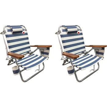 Пляжный стул из полиэстера/дерева/алюминия/стали в 5-позиционной упаковке, синий / Белый, 9 фунтов, 26,80x26,40x31,50 дюйма