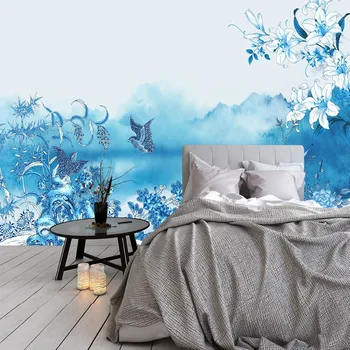 Пользовательские 3D обои, Новый китайский стиль, Синий цветок и птица, Фон для дивана, Настенный телевизор, обои для стен спальни Papel De Parede