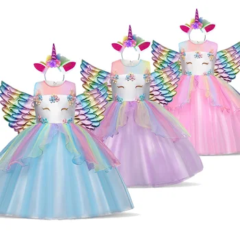 Праздничное платье с радугой для девочек, детский костюм Единорога на Хэллоуин, Принцесса, Детская Рождественская одежда для Карнавала, Бальное платье для девочек