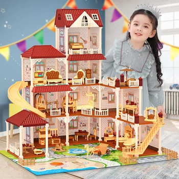 Принцесса Большая Вилла Diy Пластиковый Кукольный Домик, Комплект Мебели Для Игровой Комнаты Со Светом, Собранный Кукольный Дом, Игрушки Для Девочек, Детские Подарки