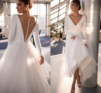 Прозрачное Свадебное платье с V-образным вырезом, Винтажное Платье трапециевидной формы, расшитое бисером, с длинными рукавами, Vestidos De Novia