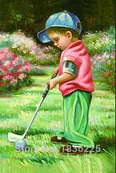 Производители красок в Китае художественная роспись такой милый Маленький мальчик играет в гольф Картина маслом на холсте Наклейки на стены для детских комнат