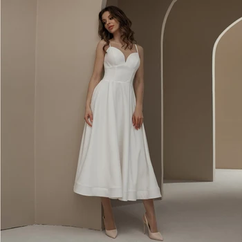 Простое Короткое Свадебное Платье для Женщин, Свадебные Платья из Крепа Трапециевидной Формы с Открытой спиной Чайной Длины, Vestido De Noiva Robe de Mariage 2023