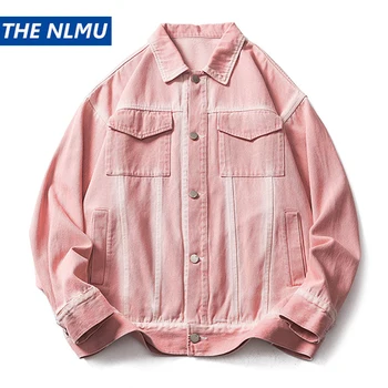 Розовая джинсовая куртка для мужчин и женщин, уличная одежда в стиле хип-хоп, Свободная Джинсовая куртка 2023, Осенняя университетская куртка, пальто, мужская одежда