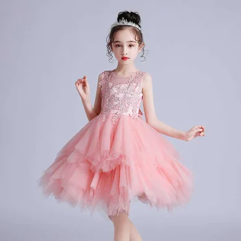 Розовое платье без рукавов Длиной до колена с бантом для девочек в цветочек, Свадебное детское платье для Первого Причастия, vestidos para niñas