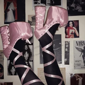 Розовые Атласные Туфли-лодочки в Балетном Стиле на платформе и Шнуровке, Женская обувь на высоком Массивном Каблуке с круглым носком 2023, Модные Zapatos Para Mujere