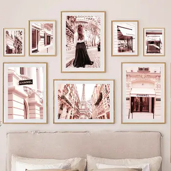 Розовый французский Плакат в Скандинавском стиле с видом на улицу, Парижская башня, Модный роскошный магазин, Настенное искусство, Холст, живопись, Настенные картины, Декор в гостиную