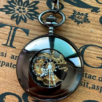 Роскошные круглые черные механические карманные часы для мужчин и женщин, прозрачный циферблат с римскими цифрами, брелок-цепочка, подвесные часы для коллекции