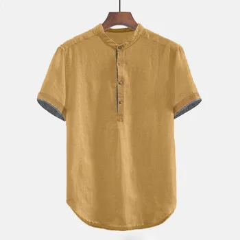 Рубашка Мужская Повседневная, Топы Оверсайз с коротким рукавом, со стоячим вырезом, Мужские рубашки в стиле Бохо, Плюс Размер