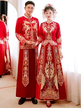 Свадебное платье китайской пары Скромный Изысканный Свадебный костюм Чонсам с вышивкой Феникса, Элегантный свадебный костюм Ципао