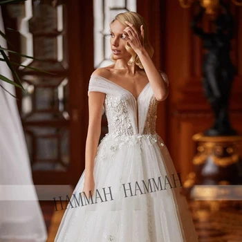 Свадебное платье Принцессы Хаммы 2022 для невесты с V-образным вырезом, на молнии, с открытыми плечами, Трапециевидное, С аппликацией, Свадебное платье