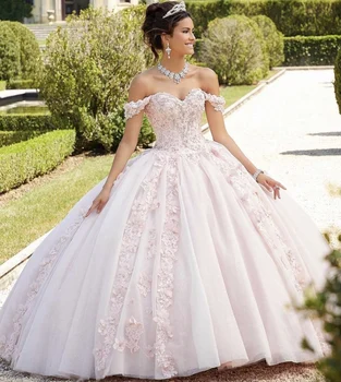 Светло-розовое Пышное платье 2023 с открытыми плечами, цветами, без спинки, Праздничное Бальное платье Принцессы Sweet 16, Vestidos De 15 Años