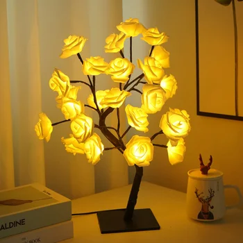 Светодиодная настольная ночная лампа с цветком Розы, работающая от USB, 5 В, прикроватная лампа в виде дерева, Декоративная настольная лампа для украшения дома в спальне