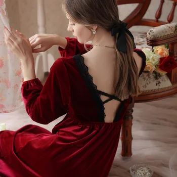 Сексуальное Бархатное Длинное ночное платье, Женское Осенне-зимнее Велюровое платье с открытой спиной, Винтажная ночная рубашка в изысканном стиле, пижама Принцессы, Ночнушка
