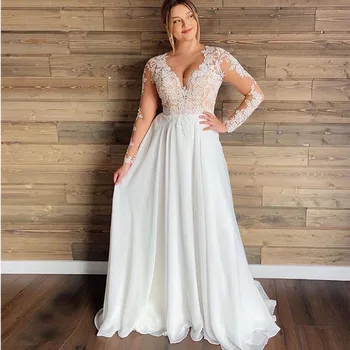 Скромные свадебные платья с длинными рукавами, шифоновое пляжное платье невесты с V-образным вырезом, плюс размер, свадебное платье Vestidos de Novia
