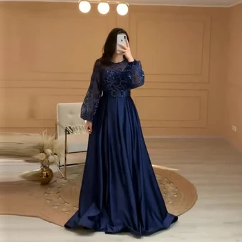 Скромные темно-синие вечерние платья Трапециевидной формы с пышными длинными рукавами, Блестящее кружевное атласное платье с разрезом для выпускного Вечера, Саудовское Арабское женское вечернее платье