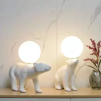 Современная и изысканная настольная лампа с белым медведем, Скандинавская минималистичная светодиодная лампа для прикроватной тумбочки в спальне, Креативные настольные лампы с животными
