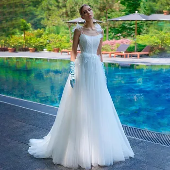 Современные свадебные платья с круглым вырезом на двух бретелях и цветочным бисером 2024 Тюлевые Свадебные платья Vestido Robe Mariee