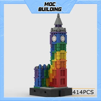 Строительный блок MOC, красочная модель Биг Бена, технологические кирпичи, Лондонская достопримечательность, вид на улицу, собранная архитектура, детские игрушки