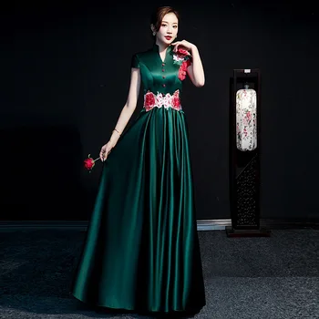 Темно-Зеленое Женское Платье Ципао с Цветочной Вышивкой в стиле Ретро, Атласное Сексуальное Китайское платье Чонсам Трапециевидной Формы С коротким рукавом